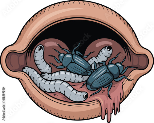Surreal Mouth Illustration with Insects and Larvae Inside, Grotesque and Disturbing
