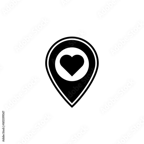 Black location pin with heart isolated on white background signifies love