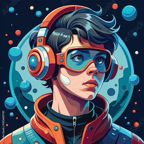 Young man with headphones and goggles looking forward with a planet in the background in a futuristic cyberpunk-style portrait