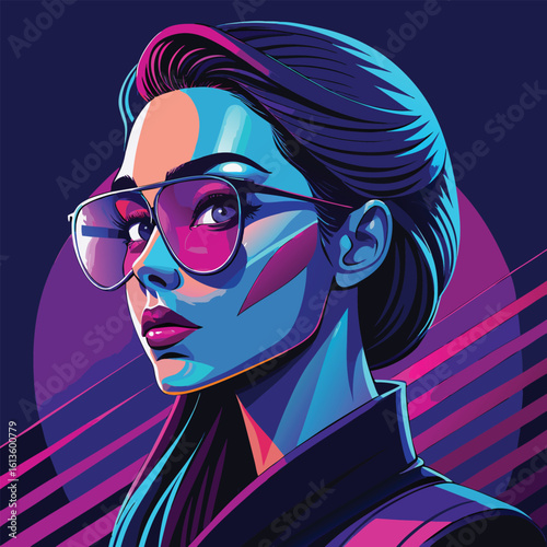 Stylized portrait of a confident woman wearing futuristic sunglasses with vibrant neon lighting and a dark, moody background evoking a cyberpunk aesthetic