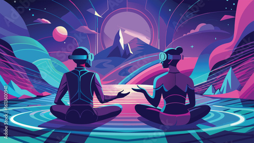 Two figures in vr headsets meditating in a surreal glowing neon landscape with abstract mountains and a celestial body in the distance symbolizing digital consciousness and virtual reality exploration