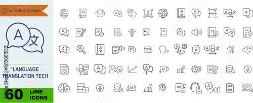Language Translation Technology Icon Pack – 60 Line Icons Featuring Speech Tools, Document Interfaces, Multilingual Access & Translator UI Symbols