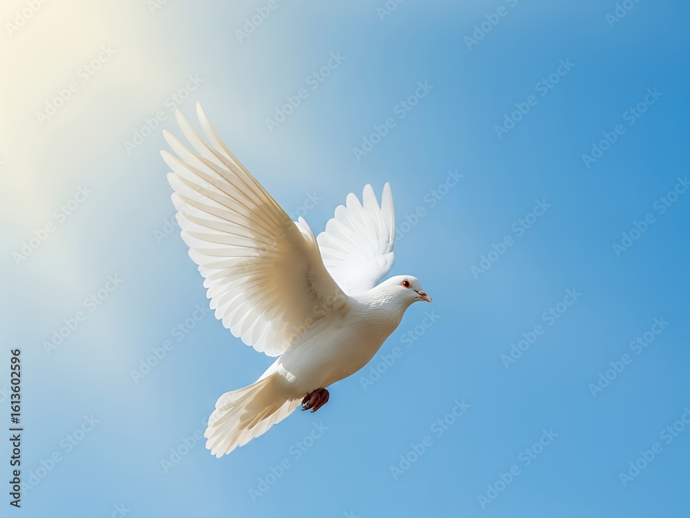 Fototapeta premium A White Dove Soaring Gracefully Through the Vast Expansive Blue Sky on a Bright Sunny Day Creating a Symbol of Peace and Hope