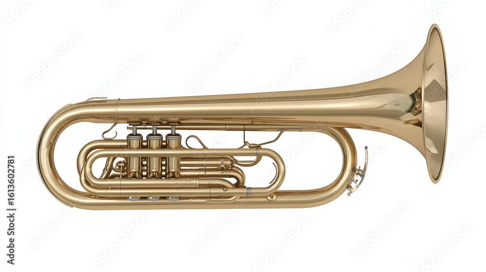 Obraz premium Brass instrument with a long, curved body and large bell. Detailed valves and tubing