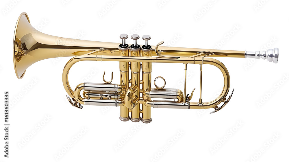 Obraz premium Polished brass trumpet, bright gold tone, isolated on white background. Valves and mouth piece are visible. High quality musical instrument