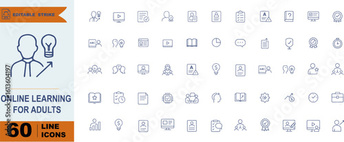 Online Learning for Adults Icon Pack – 60 Line Icons Featuring E-Learning Tools, Certificates, Mobile Interfaces & Study Planning Assets