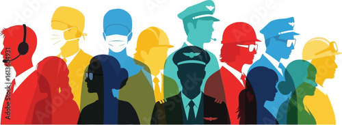 Crowd of diverse professionals and essential workers. Colorful silhouettes of people from various occupations.
