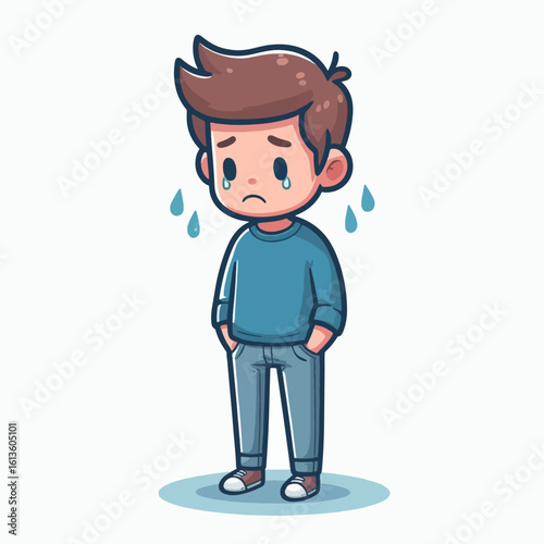 Digital illustration of a young male character with a distressed expression. He is depicted with visible tears and an overall dejected posture.