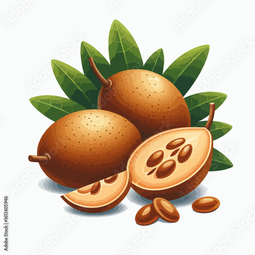 Digital illustration of two sapodilla fruits, complete with leaves and a sliced section, showcasing the fruit's texture and seeds.
