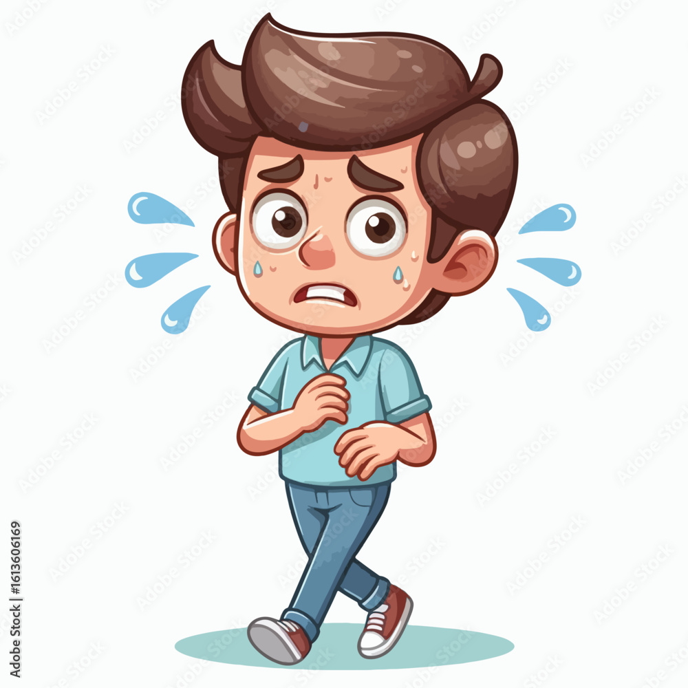 Young cartoon character, light blue shirt and jeans, is depicted in a walking pose and appearing worried, with sweat dripping. Young cartoon character, light blue shirt and jeans, is depicted in a walking pose and appearing worried, with sweat dripping.