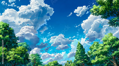 A beautiful blue sky with white clouds, surrounded by lush green trees