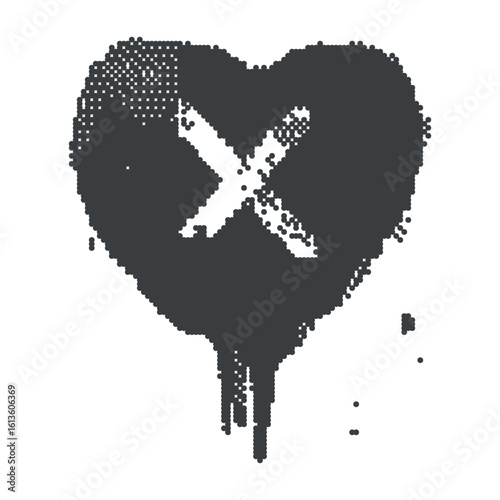 Grungy heart graffiti with bold X mark. Heartbreak graphic with dotted halftone ink effect. Punk romance art for anti Valentine's design poster, streetwear prints, collages, scrapbooking.