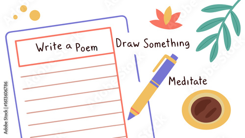 Creative self care activities write a poem draw something and meditate with a warm drink and natural elements