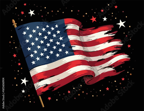 Vector design with decorative drawing of 
torn national flag of usa is fluttering in wind. 
Fashion t-shirt print. American pattern of stars 
and wavy stripes for textiles, fabric, clothing.