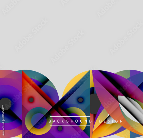 Abstract geometric shapes overlap, creating vibrant color gradients. Modern design with gray upper space.