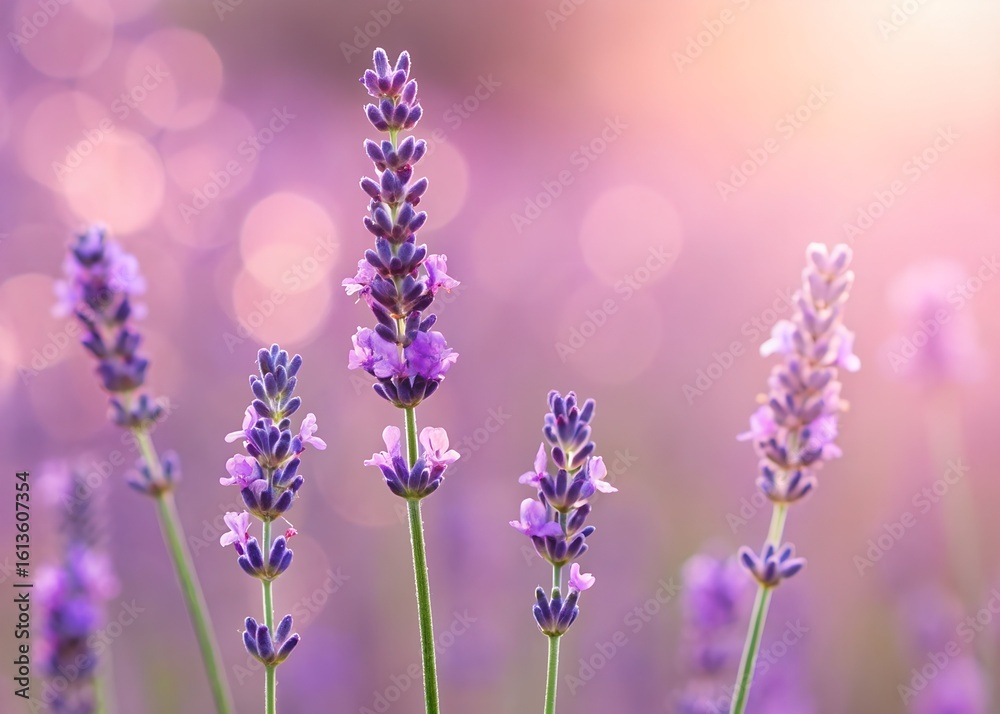 Fototapeta premium Close up of lavender flowers with a soft pink and purple background and bokeh effect in the light