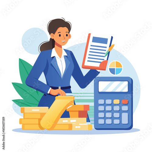 Businesswoman calculating budget with calculator, financial planning concept, professional female accountant working on finances, budgeting, accounting, and expense management vector illustration.