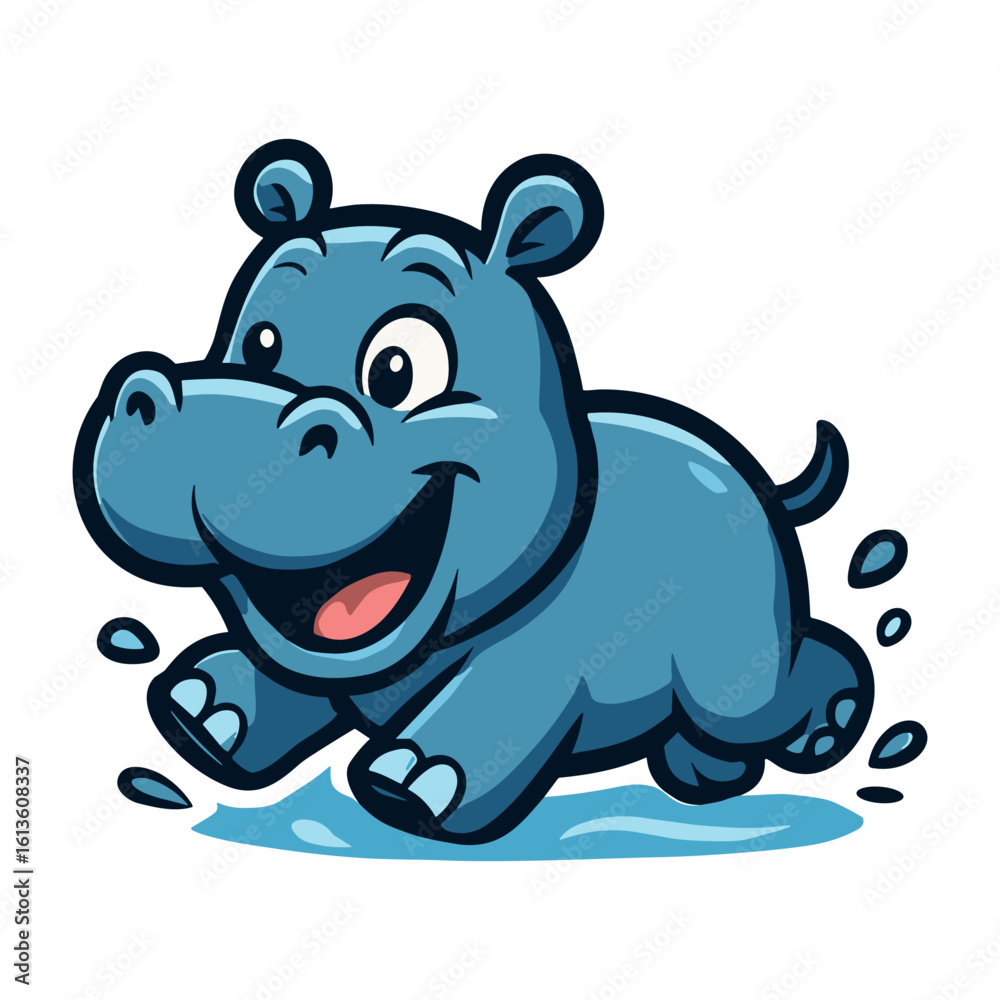 Fototapeta premium Happy cartoon hippo running on water surface