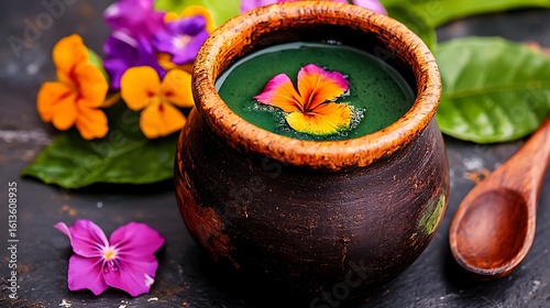 Vibrant Green Smoothie Bowl with Edible Flowers in Rustic Clay Pot