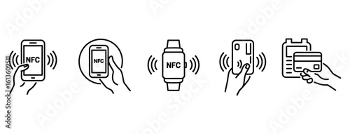 WebVector art of a set of nfc icons illustrates contactless payment technology on a white background