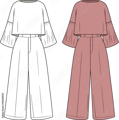 Wide-leg pants and flared sleeve top co-ord set, front view, fashion flat sketch, vector CAD drawing, minimalist clothing illustration