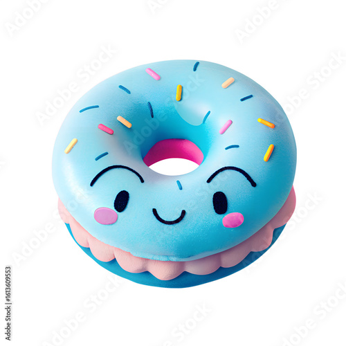 Adorable Blue Donut Plush with Happy Face and Rainbow Toppings