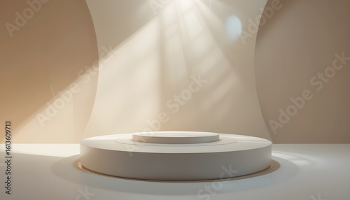 Wallpaper Mural Minimalist White Podium with Soft Sunlight for Product Display.A clean, modern image of a simple white circular podium, perfect for showcasing products. Torontodigital.ca