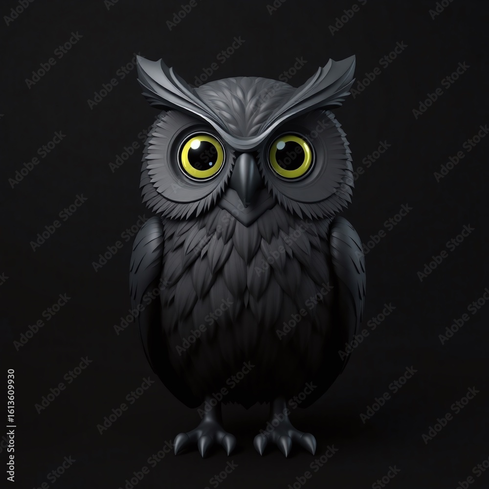 Fototapeta premium Illustration of black owl with yellow eyes against black background