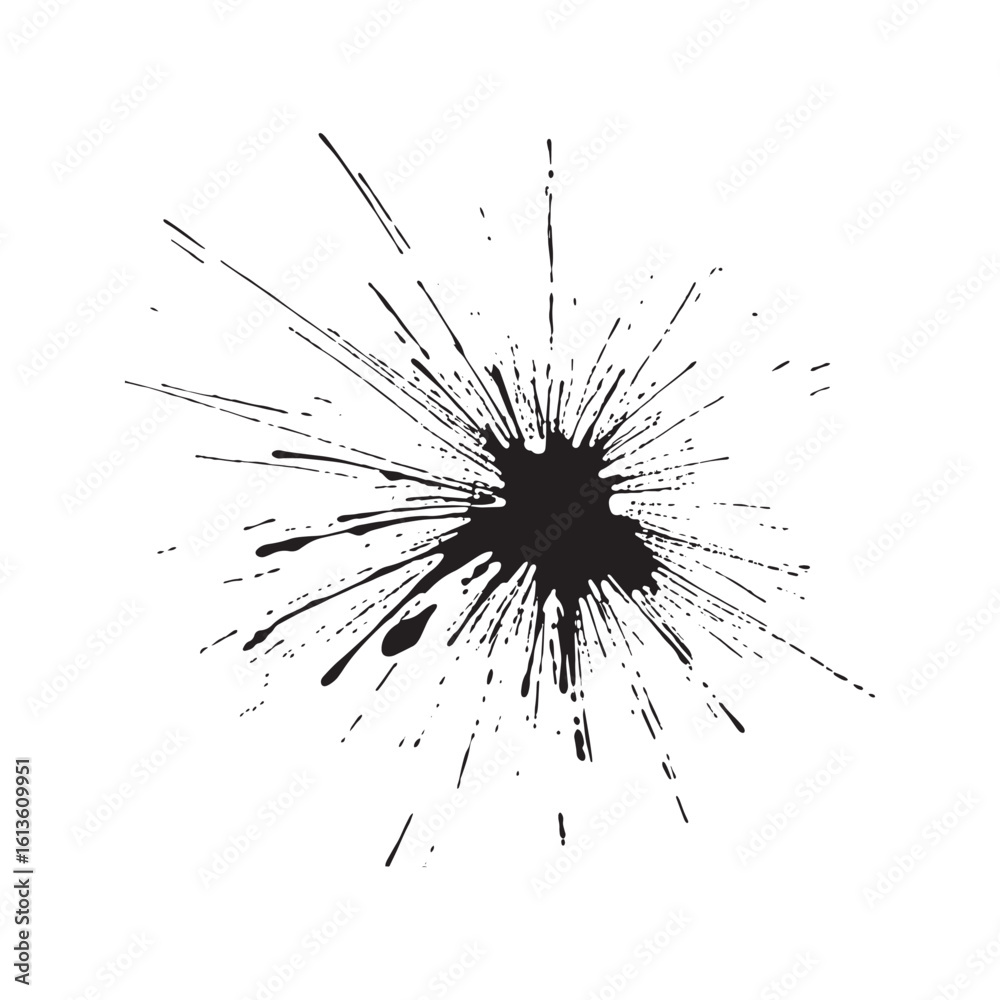 Black ink splatter. Abstract grunge paint splash with messy drops isolated on white background Black ink splatter. Abstract grunge paint splash with messy drops isolated on white background