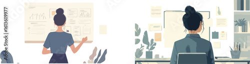 Woman working at home office analyzing graphs and charts on whiteboard and working on computer vector illustration business concept freelance work from