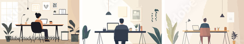 People working at home office desks set, collection of scenes with men and women sitting at tables with laptops vector illustration