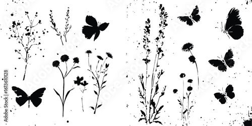 Black silhouettes of wildflowers and butterflies vector illustration set isolated on white background for prints web design banner poster sticker card and