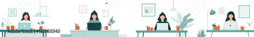 Women working on laptops at their desks in a co-working space or office vector illustration