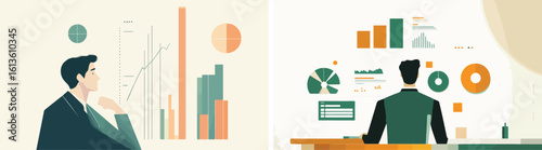 Businessman analyzing financial data and reports with charts and graphs vector illustration concept of business analysis strategy planning and market