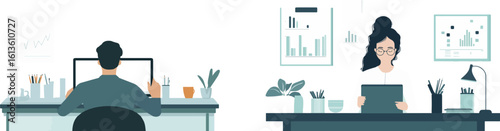 Office workers at the desk Man and woman working on laptop and tablet Sitting at the table Workplace Desk supplies Charts graphs and plant Vector