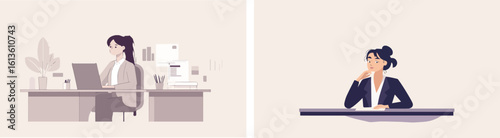 Businesswoman working at her desk and thinking vector illustration set Office worker female character sitting at table with laptop and documents and