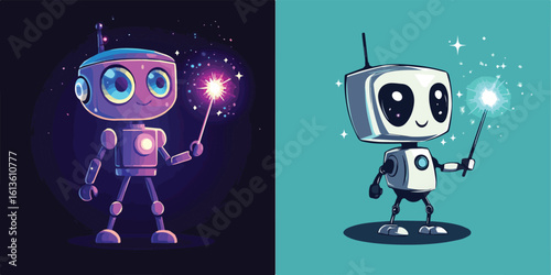 Cute Robot Holding Sparkler Vector Illustration Set Cartoon Style Perfect for Merchandise Design or Social Media Posts