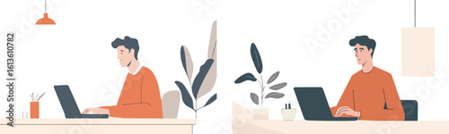 Man working on laptop at home office vector illustration concept of remote work freelance home workplace comfortable workspace home interior design