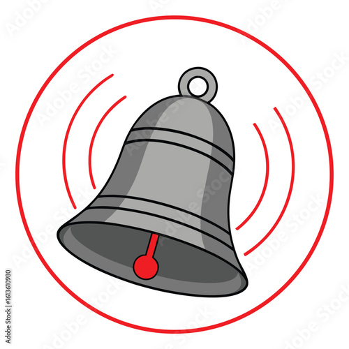 Gray bell with red clapper ringing inside red circle
