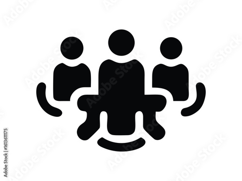 Stylized silhouette icon depicting a group of three people sitting around a table