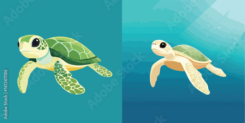 Two Baby Sea Turtles Swimming Underwater and Out of Water Vector Illustration Set for Marine Life Conservation Awareness Projects