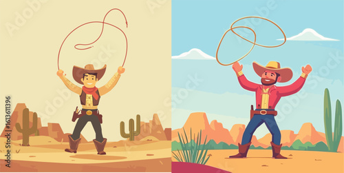 Cowboy with Lasso in Desert Landscape Vector Illustration Set for Wild West Themes and Designs