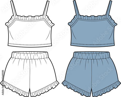 Women’s ruffle trim camisole and shorts set, sleepwear flat sketch, front and back view, vector fashion CAD illustration template