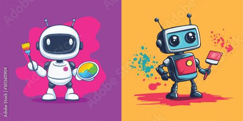 Cute Robot Painting with Brush and Palette Vector Illustration Set for Tech and Creative Projects