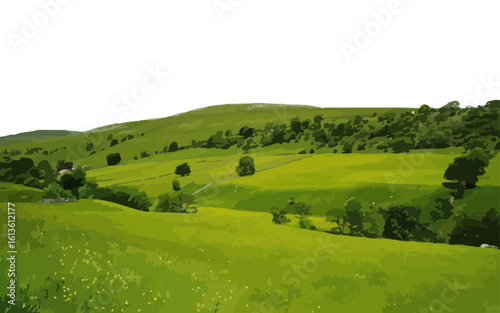 A vibrant digital illustration of a green valley landscape in the countryside, featuring rolling hills, fields, and lush trees.