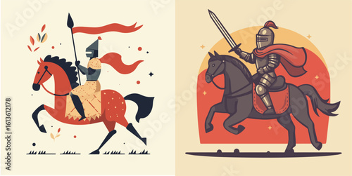 Medieval knights riding horses with lance and sword vector illustration set isolated on background concept for print web design banner poster sticker card