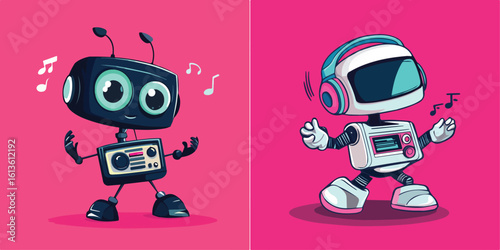 Cute Robots Dancing and Listening to Music Vector Illustration Set Ideal for Tech Music and Entertainment Projects
