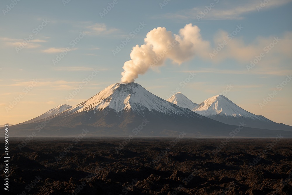 Fototapeta premium Majestic Volcano Landscape with Steam Plume and Snowy Peaks in South American Setting
