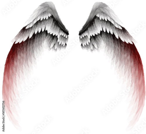 A digital illustration of symmetrical fantasy wings with red, black, and white feathered gradients, isolated for design
