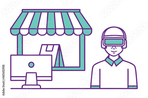 Person wearing virtual reality headset near shop and computer